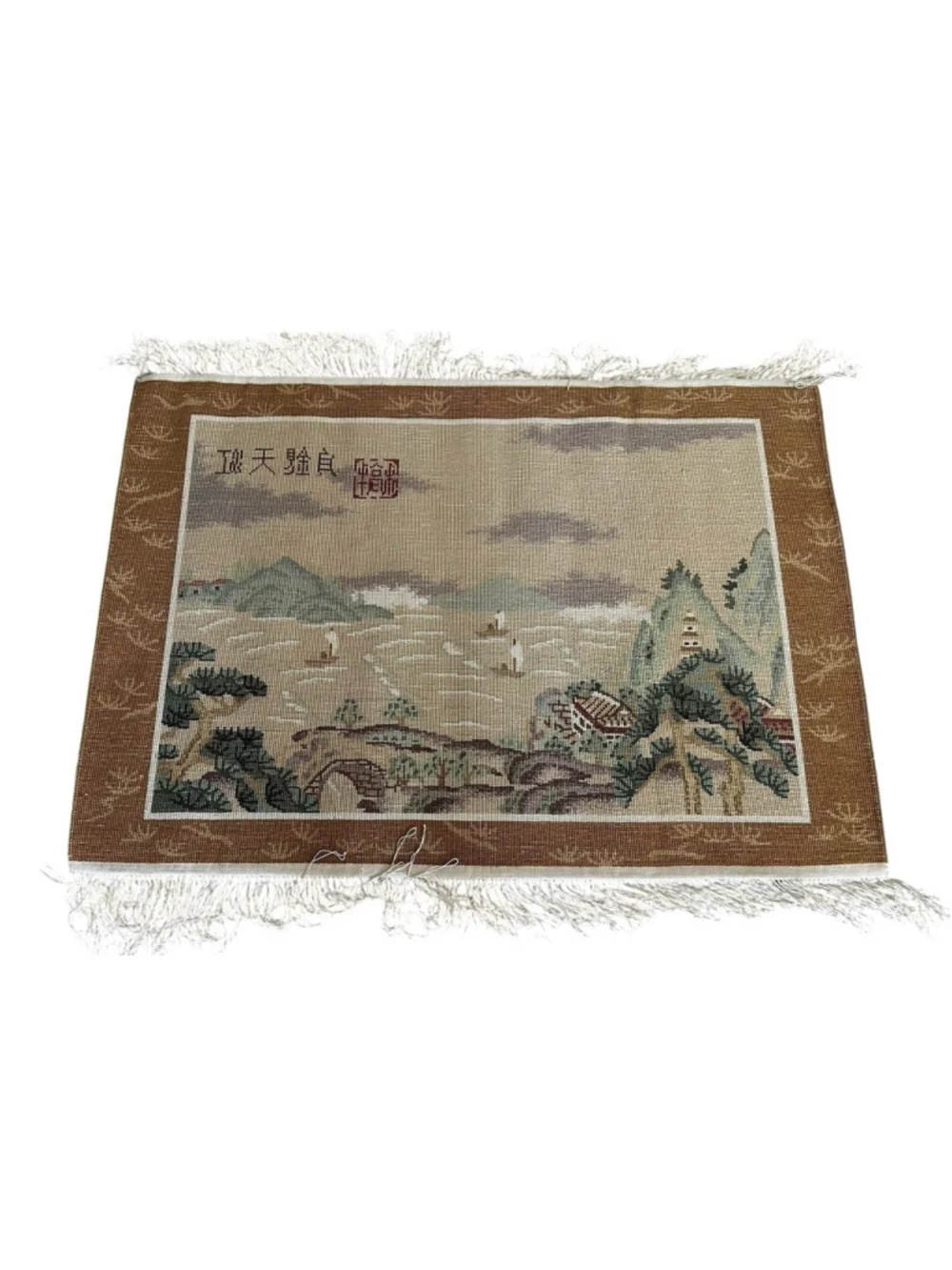 Vintage Chinese Silk Landscape Rug Tapestry Pagoda Sailboat